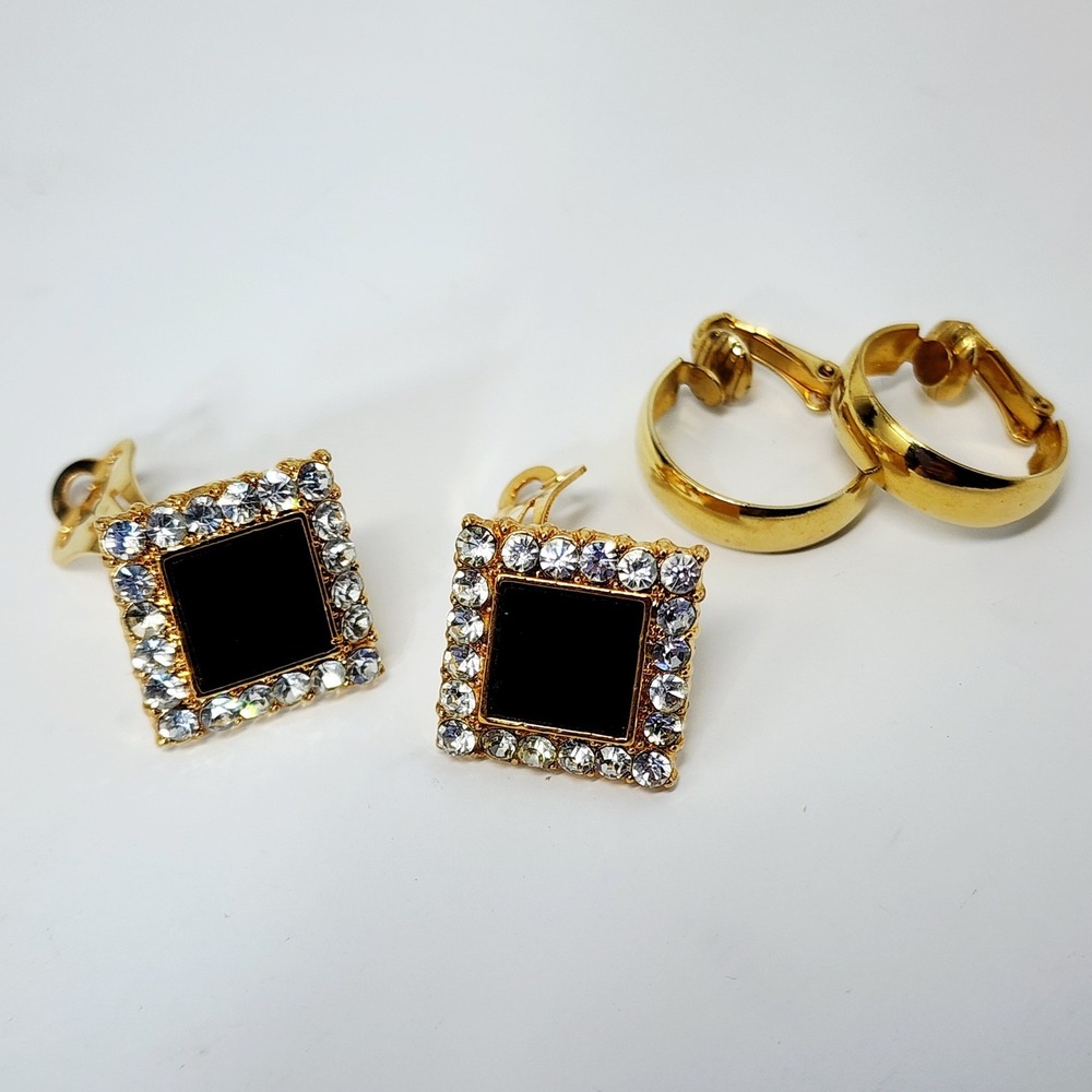 Unbranded Clip On Earrings Women OS Gold Black Rhinestone Square & Hoop Set